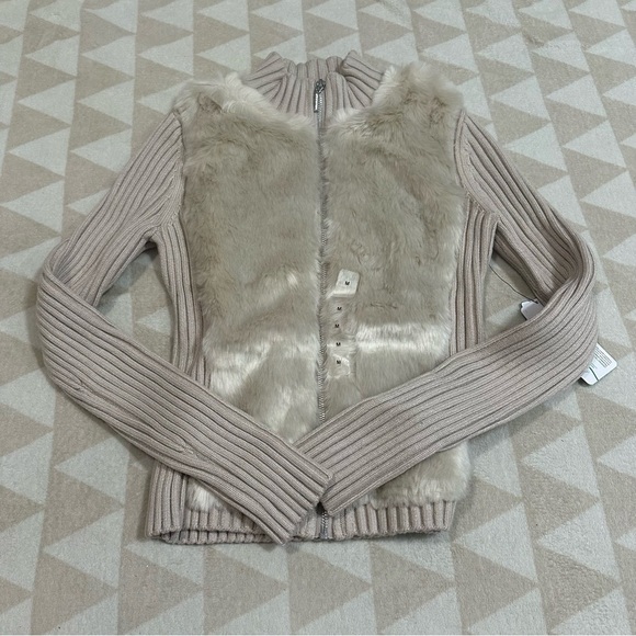 Guess Women's Long Sleeve Fur Mix Zip Front Mila Cardigan Pearl oyster - Picture 1 of 7